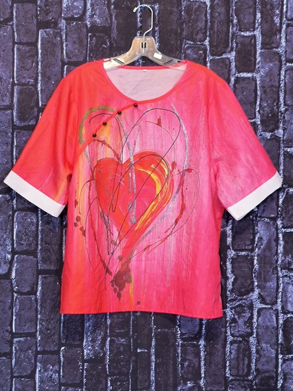 Women's Size 2XL Pink Graphic Print Round Neck Short Sleeve Blouse